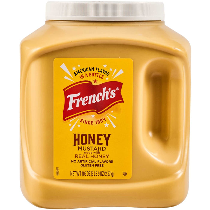 A large container of Frenchs Honey Mustard, a classic American flavor made with real honey and gluten-free.