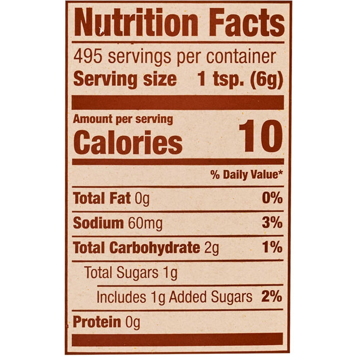 Nutrition facts label showing that one teaspoon (6g) contains 10 calories, 0g of total fat, 60mg of sodium, 2g of total carbohydrate, 1g of total sugars (including 1g of added sugars), and 0g of protein.