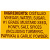 The image shows the ingredient list for a product, including distilled vinegar, water, sugar, #1 grade mustard seed, honey, salt, spices (including turmeric, paprika), and garlic powder.