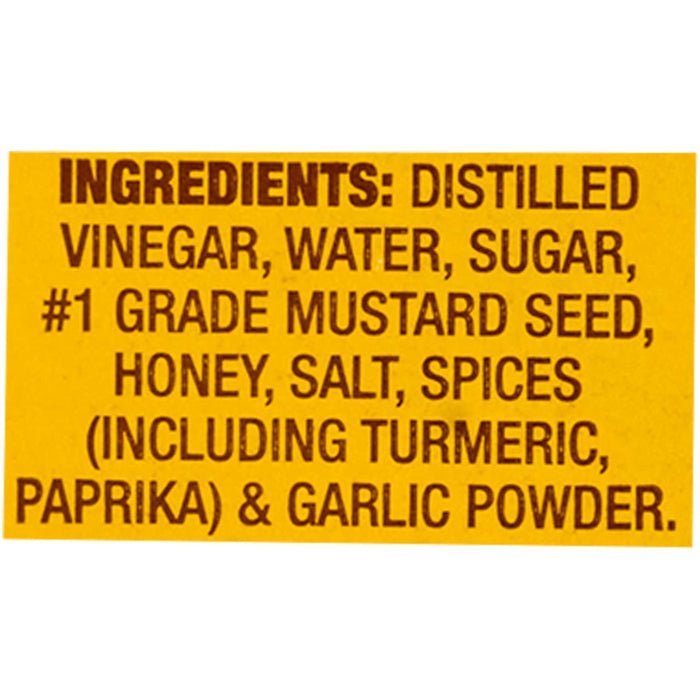 The image shows the ingredient list for a product, including distilled vinegar, water, sugar, #1 grade mustard seed, honey, salt, spices (including turmeric, paprika), and garlic powder.
