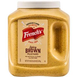 A large container of Frenchs Spicy Brown Mustard.