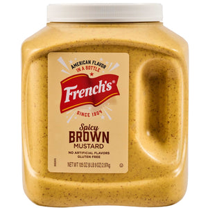 A large container of Frenchs Spicy Brown Mustard.