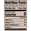A nutrition facts label indicates that one teaspoon (5g) serving contains 5 calories, 0g of total fat, 50mg of sodium (2% daily value), 0g of total carbohydrate, and 0g of protein.