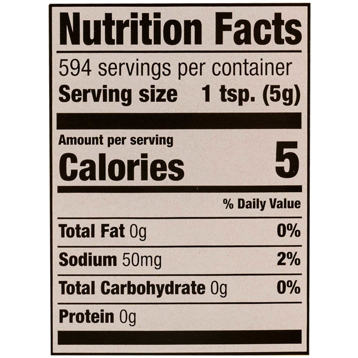 A nutrition facts label indicates that one teaspoon (5g) serving contains 5 calories, 0g of total fat, 50mg of sodium (2% daily value), 0g of total carbohydrate, and 0g of protein.