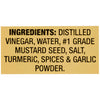 The image shows the ingredients list for a product, including distilled vinegar, water, #1 grade mustard seed, salt, turmeric, spices, and garlic powder.