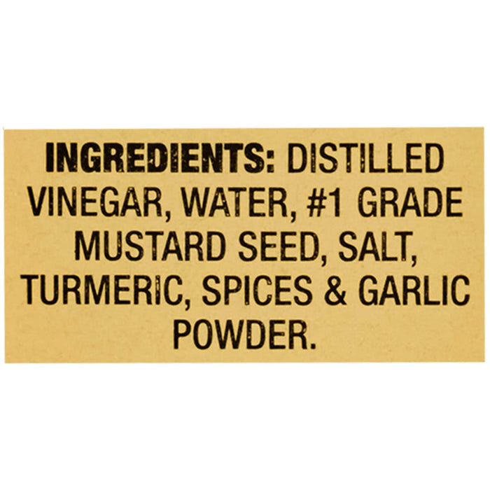 The image shows the ingredients list for a product, including distilled vinegar, water, #1 grade mustard seed, salt, turmeric, spices, and garlic powder.