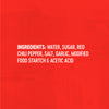 The image shows the ingredients list for a food product, including water, sugar, red chili pepper, salt, garlic, modified food starch, and acetic acid.