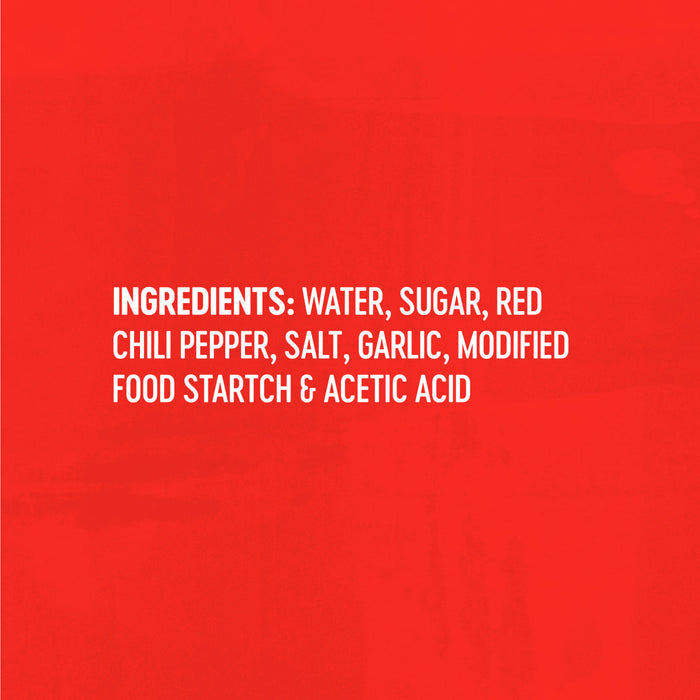 The image shows the ingredients list for a food product, including water, sugar, red chili pepper, salt, garlic, modified food starch, and acetic acid.