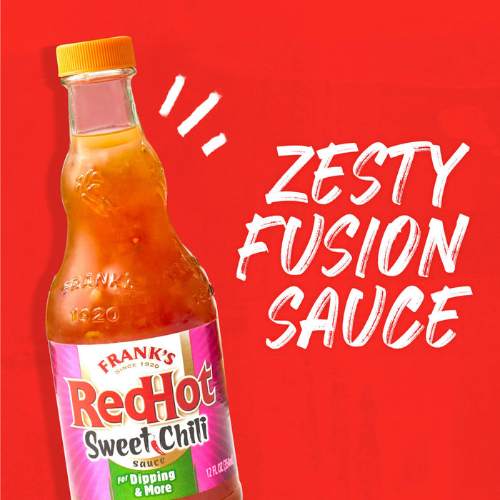 A bottle of Frank's RedHot Sweet Chili Sauce is displayed against a red background with the words "Zesty Fusion Sauce" written in white.