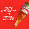 A bottle of Frank's RedHot Sweet Chili sauce is tilted, with the sauce pouring out, against a red background with the text "Tasty Alternative to Traditional Hot Sauces."