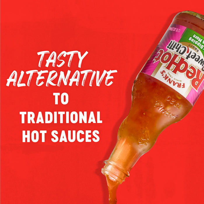 A bottle of Frank's RedHot Sweet Chili sauce is tilted, with the sauce pouring out, against a red background with the text "Tasty Alternative to Traditional Hot Sauces."