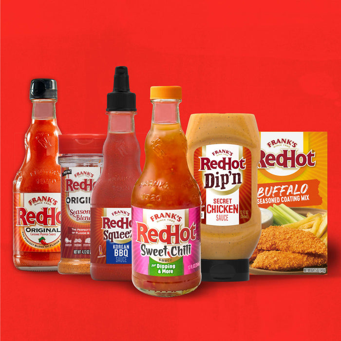 This image features a variety of Frank's RedHot sauces and seasonings, including original cayenne pepper sauce, seasoning blend, squeeze sauce, sweet chili sauce, dip'n sauce, and buffalo seasoned coating mix.