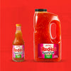 Two bottles of Frank's RedHot Sweet Chili Sauce, one small and one large, are displayed against a red background.