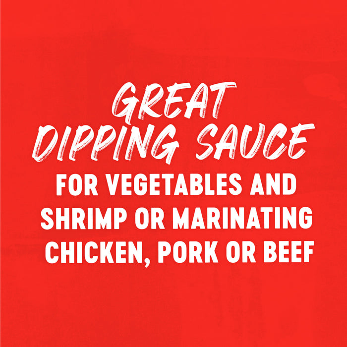 The image displays the text "Great Dipping Sauce for Vegetables and Shrimp or Marinating Chicken, Pork or Beef" in white against a red background.