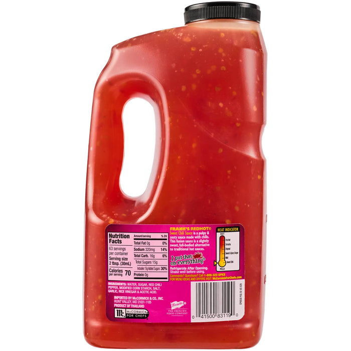 A bottle of Frank's RedHot Sweet Chili Sauce with a heat indicator showing it is mild.