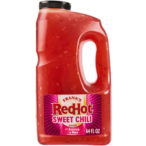 A large bottle of Frank's RedHot Sweet Chili Sauce is displayed.