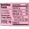 Nutrition facts label showing 63 servings per container, a serving size of 2 tbsp (30mL), 70 calories per serving, 0g total fat, 320mg sodium, 16g total carbohydrates, 15g total sugars, 15g added sugars, and 0g protein.