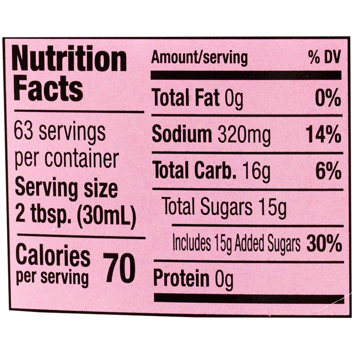 Nutrition facts label showing 63 servings per container, a serving size of 2 tbsp (30mL), 70 calories per serving, 0g total fat, 320mg sodium, 16g total carbohydrates, 15g total sugars, 15g added sugars, and 0g protein.