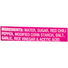 The image shows the ingredients list for a food product, including water, sugar, red chili pepper, modified corn starch, salt, garlic, rice vinegar, and acetic acid.