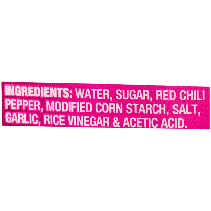 The image shows the ingredients list for a food product, including water, sugar, red chili pepper, modified corn starch, salt, garlic, rice vinegar, and acetic acid.