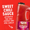A bottle of Frank's RedHot Sweet Chili Sauce is displayed against a red background.