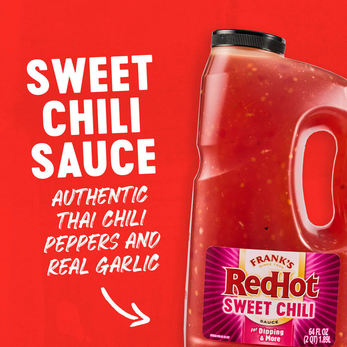 A bottle of Frank's RedHot Sweet Chili Sauce is displayed against a red background.