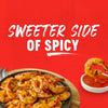 A plate of grilled shrimp is shown with the text "Sweeter Side of Spicy" on a red background.
