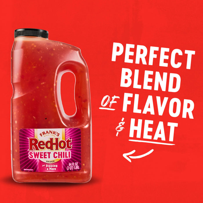 A 64-ounce jug of Frank's RedHot Sweet Chili Sauce is shown against a red background, highlighting its perfect blend of flavor and heat.