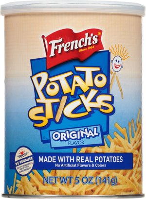 ["A can of French's Potato Sticks Original Flavor."]