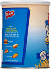 ["A can of French's Potato Sticks with a blue background and images of food that the potato sticks can be used with."]