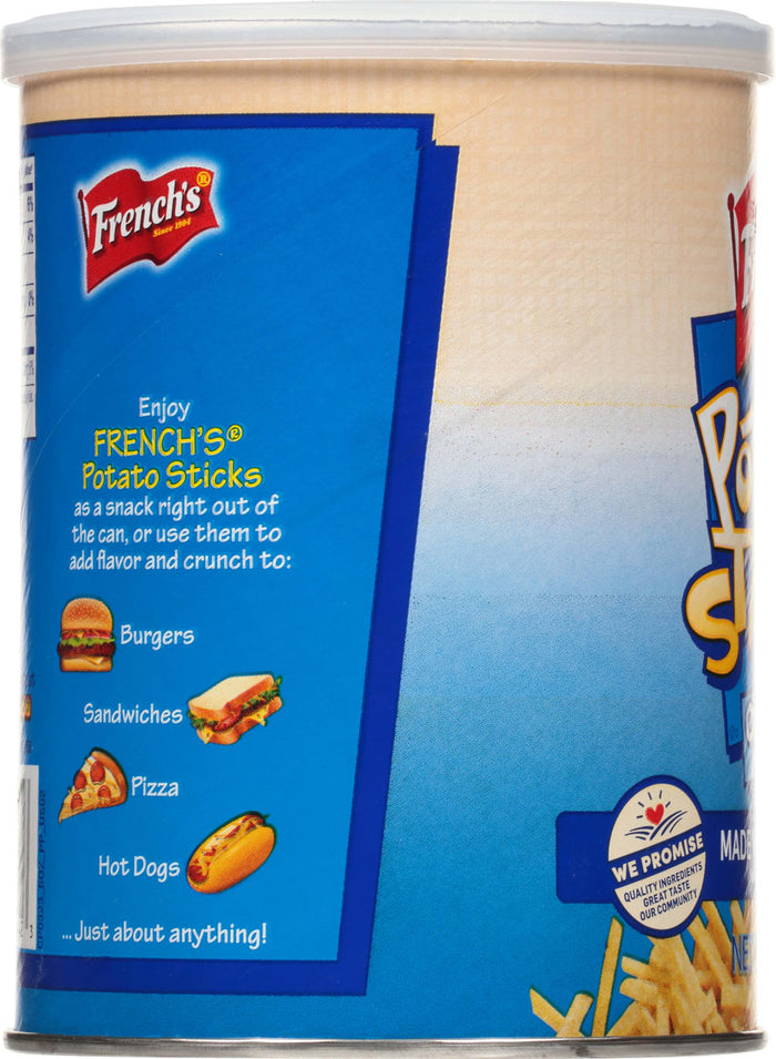 ["A can of French's Potato Sticks with a blue background and images of food that the potato sticks can be used with."]