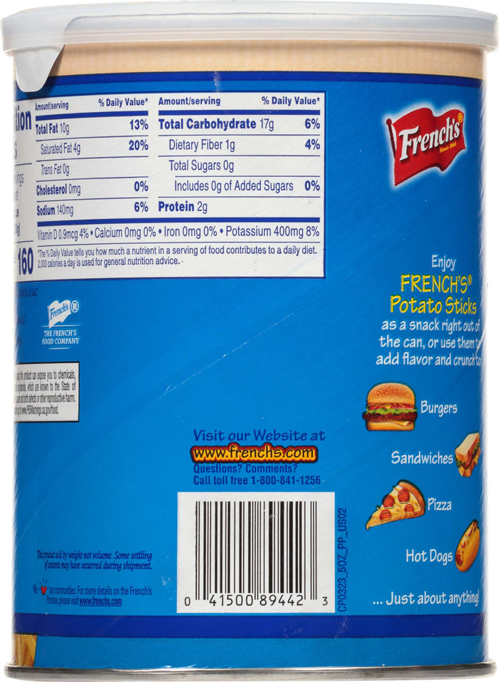 ["A can of French's Potato Sticks with nutritional information and a barcode."]