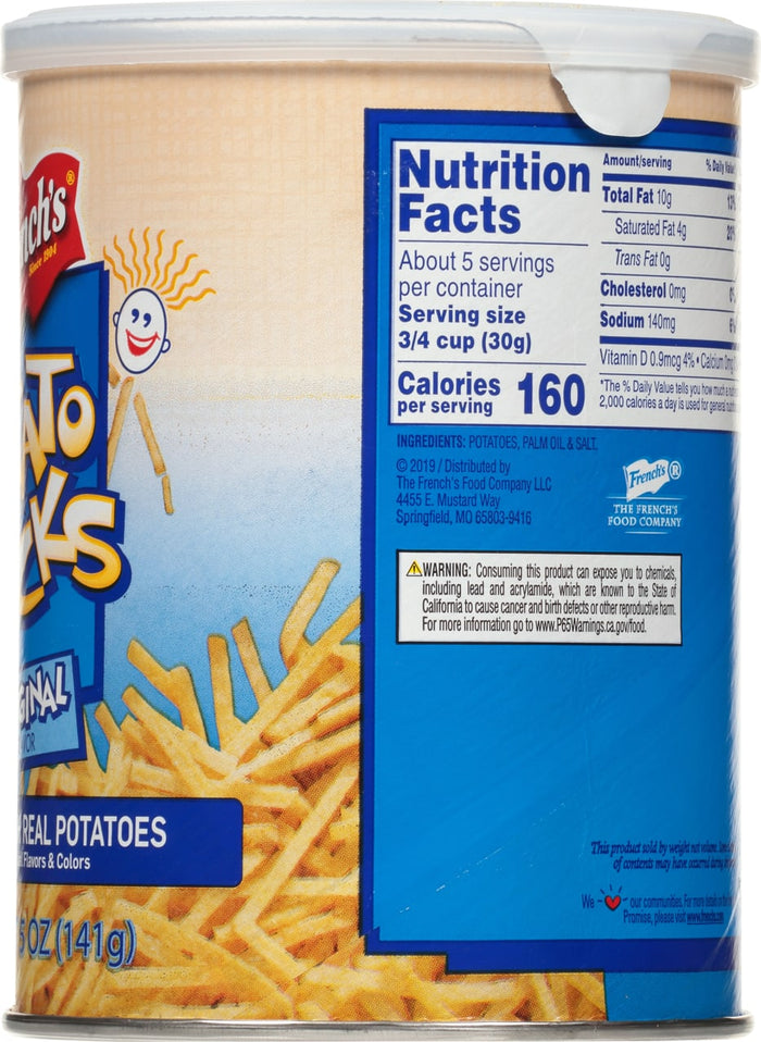["A can of French's Original Flavor Potato Sticks."]
