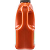 ['A bottle of orange juice with a black cap and handle.']