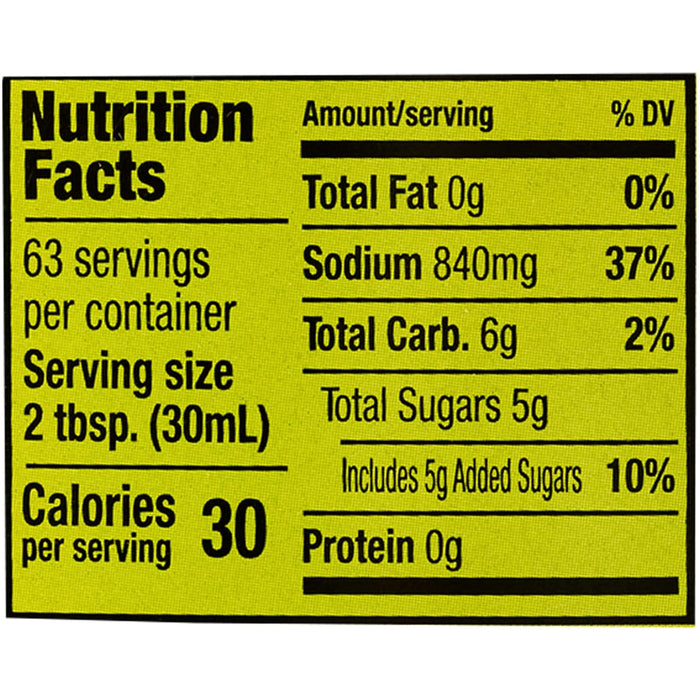 ['This is a nutrition facts label showing that one serving contains 30 calories, 0g of total fat, 840mg of sodium, 6g of total carbohydrates, 5g of total sugars, 5g of added sugars, and 0g of protein.']