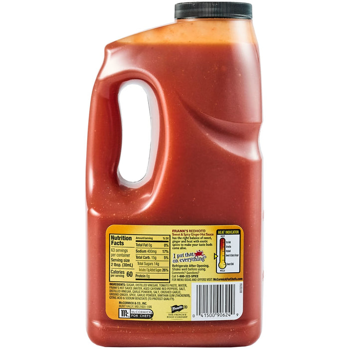 ["A bottle of Frank's RedHot Sweet &amp; Spicy Ginger Hot Sauce."]