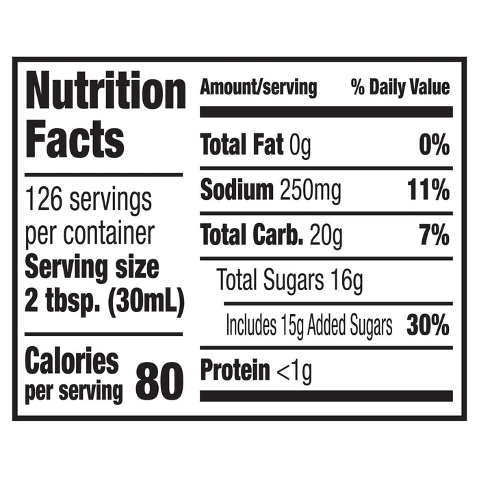 The nutrition facts label for Franks Red Hot Garlic Regular Hot Sauce Regular 128 Oz, indicating that a 2 tablespoon serving contains 80 calories, 20g of total carbohydrates, and 250mg of sodium.