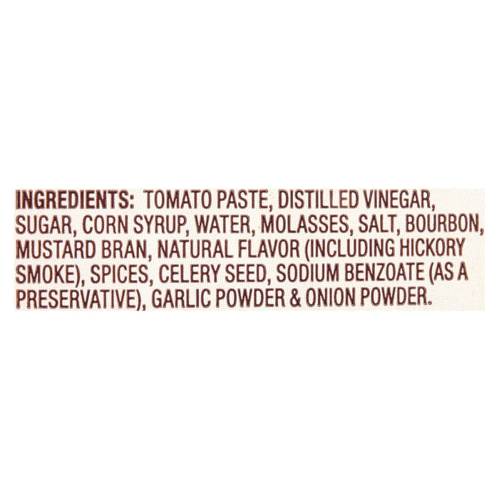 Ingredients for a barbecue sauce, including tomato paste, distilled vinegar, sugar, corn syrup, water, molasses, salt, bourbon, mustard bran, natural flavor, spices, celery seed, sodium benzoate, garlic powder and onion powder.