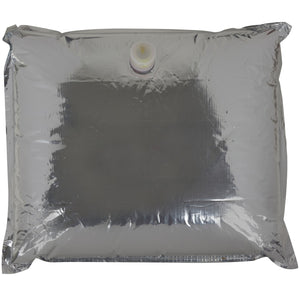 A silver bag-in-box container with a white dispensing valve.