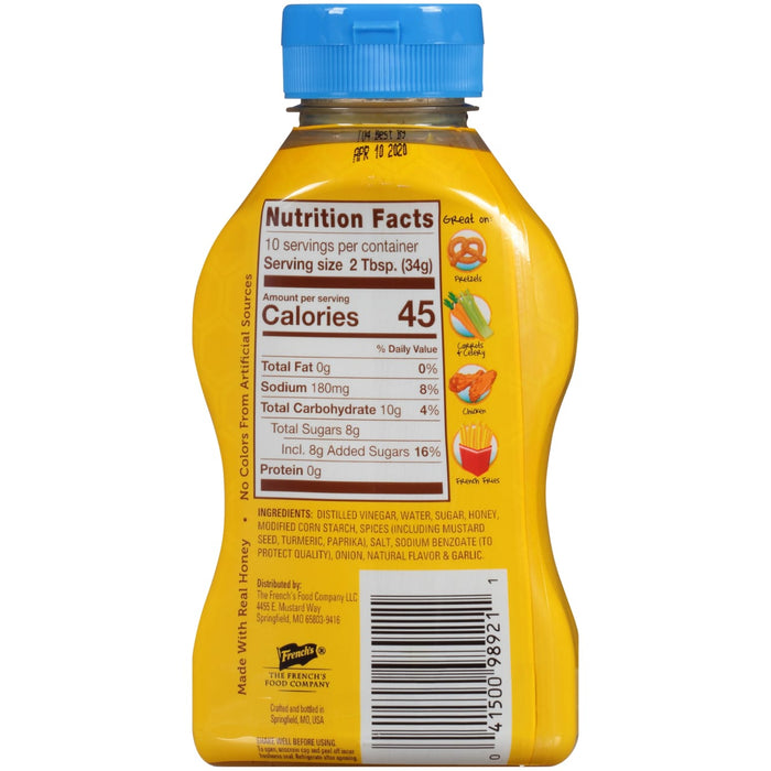 A bottle of French's Honey Mustard with nutrition facts and ingredients listed on the label.
