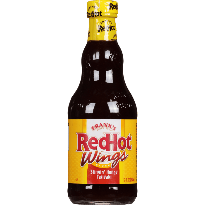 A bottle of Frank's RedHot Wings Stingin' Honey Teriyaki sauce.