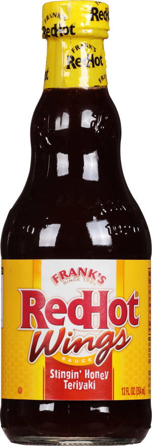 A bottle of Frank's RedHot Wings Sauce in Stingin' Honey Teriyaki flavor.