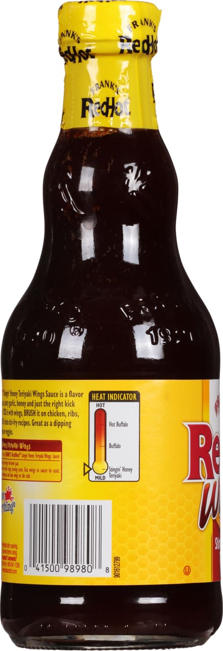 A bottle of Frank's RedHot Stingin' Honey Teriyaki Wings Sauce.
