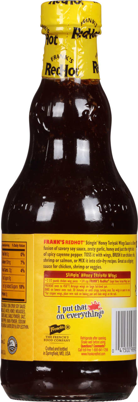 A bottle of Frank's RedHot Stingin' Honey Teriyaki Wings Sauce.