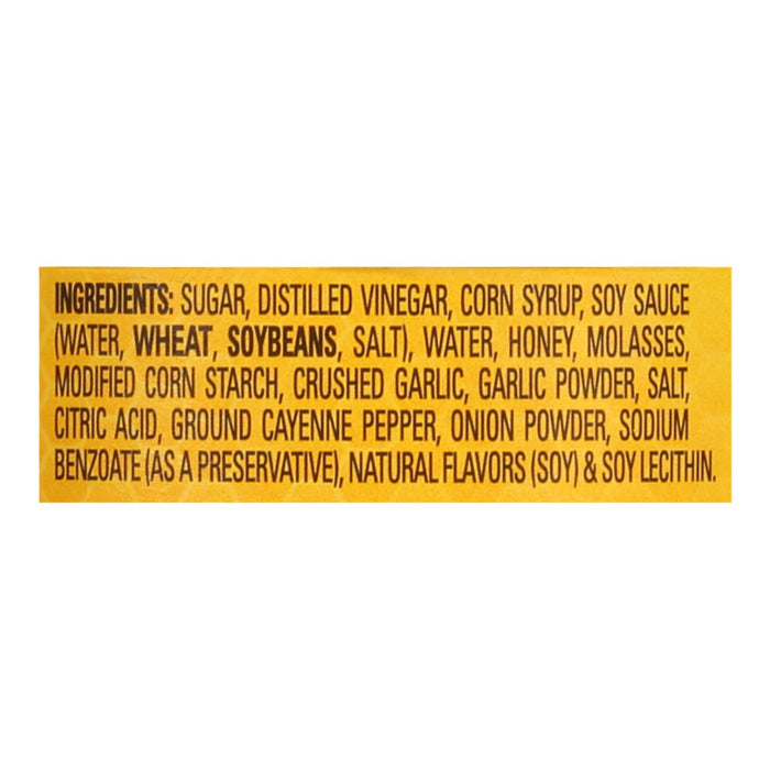 A list of ingredients for a product, including sugar, distilled vinegar, corn syrup, soy sauce, wheat, soybeans, salt, water, honey, molasses, modified corn starch, crushed garlic, garlic powder, salt, citric acid, ground cayenne pepper, onion powder, sodium benzoate, and natural flavors.