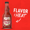 A bottle of Franks Red Hot Stingin Honey Teriyaki Wing Hot Sauce Mild 12 Oz is displayed against a vibrant red background with the words FLAVOR and HEAT and a white arrow pointing toward the label.
