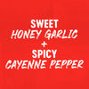 A graphic illustration highlights the flavor profile of Franks Red Hot Stingin Honey Teriyaki Wing Hot Sauce Mild 12 Oz by combining sweet honey garlic with spicy cayenne pepper against a vibrant red background.