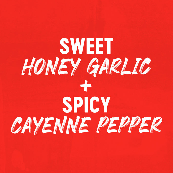 A graphic illustration highlights the flavor profile of Franks Red Hot Stingin Honey Teriyaki Wing Hot Sauce Mild 12 Oz by combining sweet honey garlic with spicy cayenne pepper against a vibrant red background.