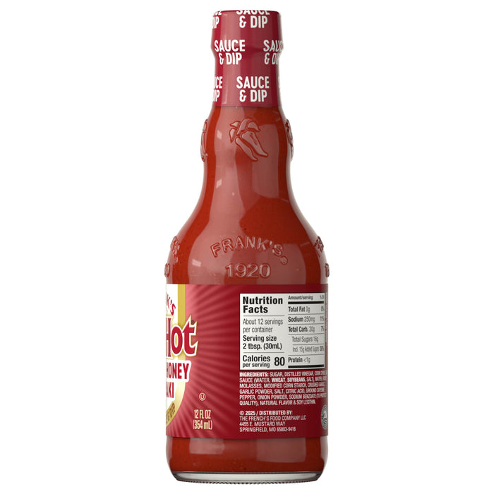 The back of a glass bottle of Franks Red Hot Stingin Honey Teriyaki Wing Hot Sauce Mild 12 Oz displays the nutrition facts and ingredients list.