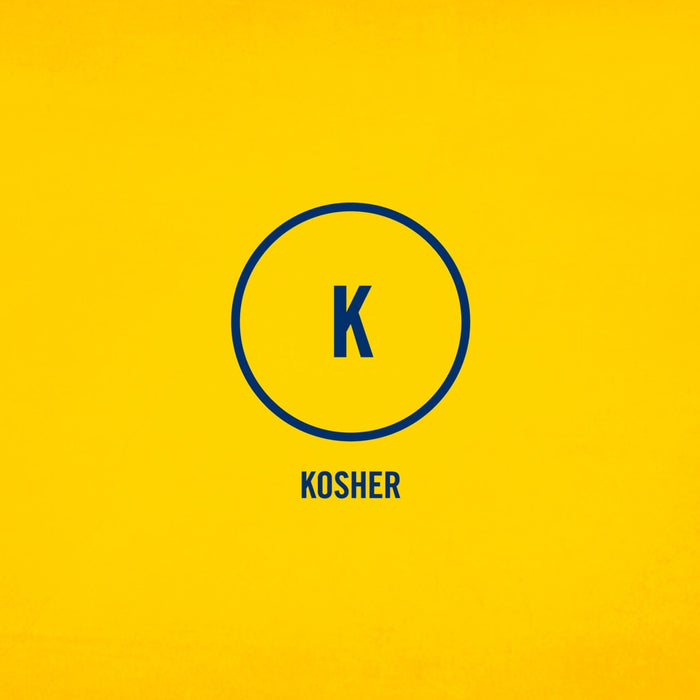 A graphic illustration featuring a blue circle with a K inside and the word KOSHER below it to indicate that Frenchs Beige Stone Ground Dijon Mustard 12 Oz is a certified kosher product.